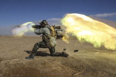 A coalition force member fires a Carl Gustav recoilless rifle system during weapons practice on a range in Helmand province, Afghanistan, Feb. 16, 2013. Coalition force members test fire various weapons systems on the range to check accuracy. (U.S. Army photo by Sgt. Benjamin Tuck)