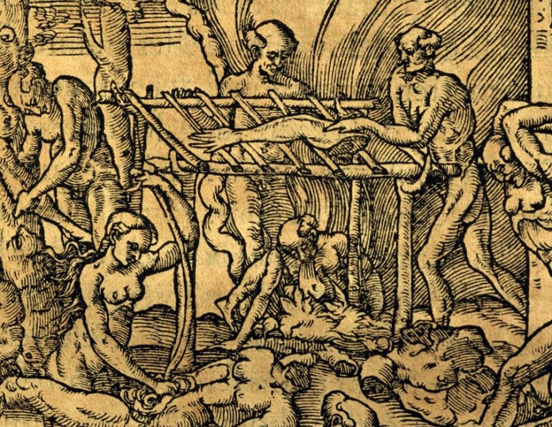 Tupinamba cannibal tribe in Brazil, engraving by Andre' Thevet (DeAgostini/Getty Images)