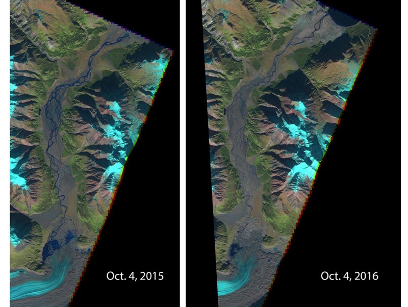 Images captured by the European Space Agency's Sentinel2 satellite in 2015 and 2016 show a dramatic drop in the Slims River's flow. The receding toe of Kaskawulsh Glacier is seen at the bottom. Kluane Lake can be seen at the top of the 2016 image. Water now flows east and then south via the Kaskawulsh River. (European Space Agency)