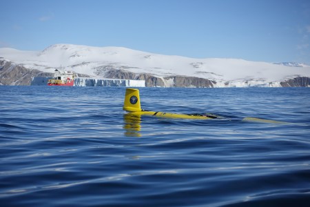 The underwater glider Storm Petrel makes its maiden voyage. After this initial round, the team processed the data and then sent it out again for its full 7-day mission. (Damien Guihen/University of Tasmania)