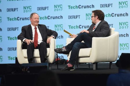 Founder and CEO of IronNet Cybersecurity General Keith Alexander and TechCruch senior editor Matt Burns speak onstage during TechCrunch Disrupt NY 2017 - Day 2 at Pier 36 on May 16, 2017 in New York City. (Noam Galai/Getty Images for TechCrunch)