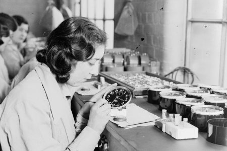 Women painting alarm clock faces with radium-laden paint in January 1932. (Daily Herald Archive/SSPL/Getty Images)