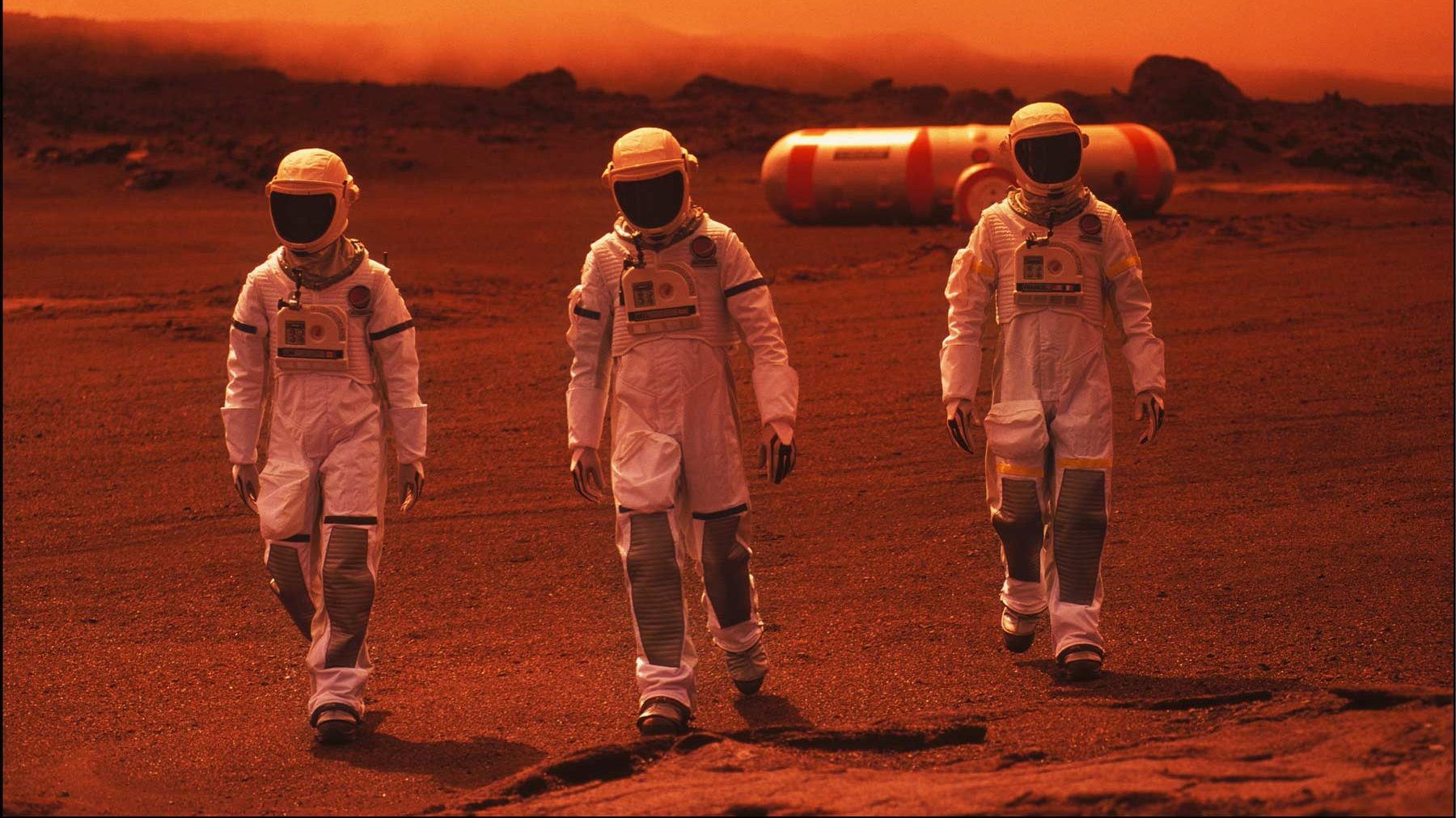 The astronauts leave the pressurized unit, an inflatable cylindrical structure called the "Boomerang", specially designed for the Martian landscape with a guaranteed atmosphere control system on the Island of Reunion.  (Francis Demange/Gamma-Rapho via Getty Images)