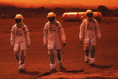 The astronauts leave the pressurized unit, an inflatable cylindrical structure called the "Boomerang", specially designed for the Martian landscape with a guaranteed atmosphere control system on the Island of Reunion.  (Francis Demange/Gamma-Rapho via Getty Images)