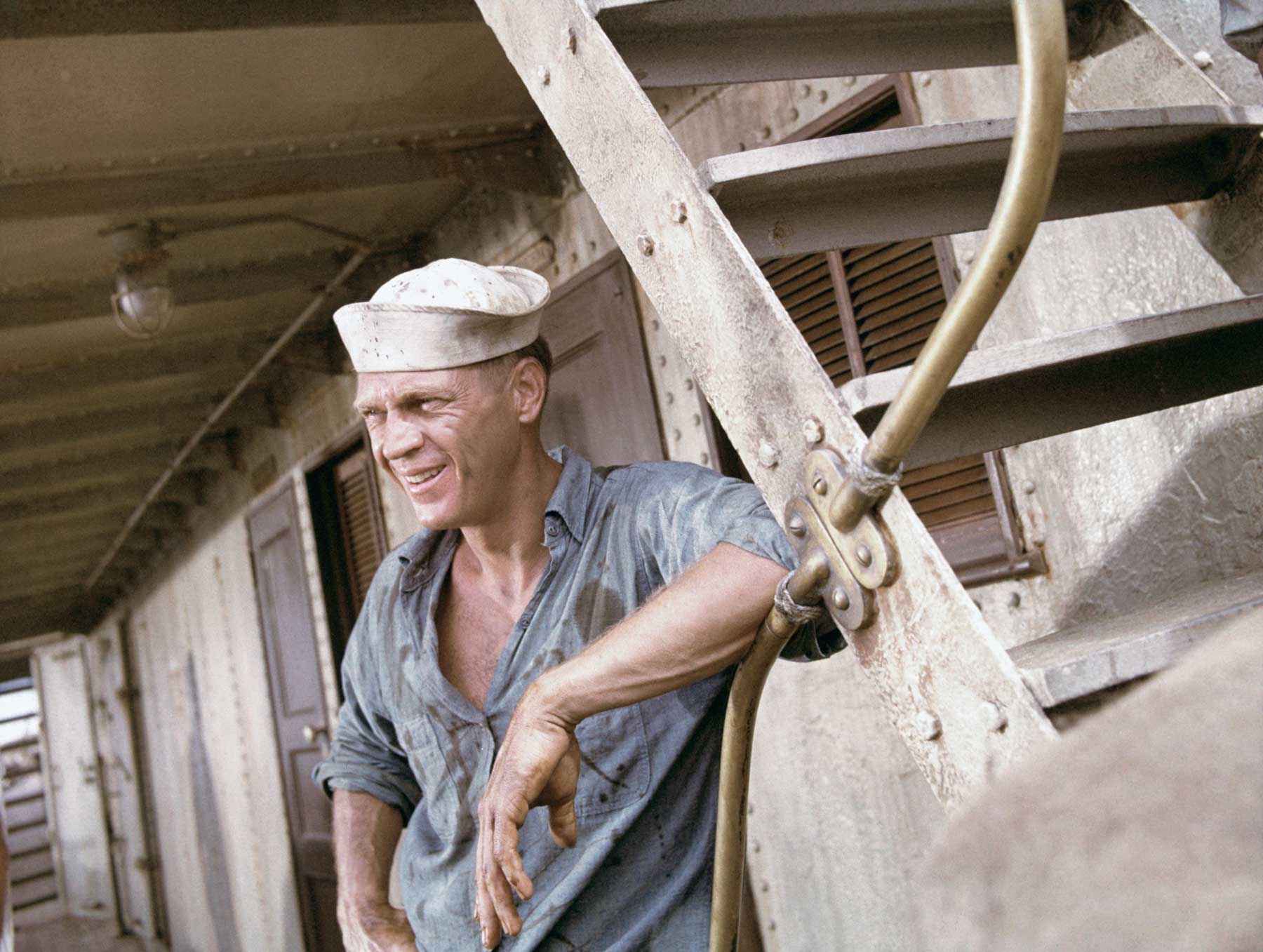 American actor Steve McQueen dressed as a sailor in a movie still from the 1966 film Sand Pebbles, directed by Robert Wise. (Getty Images)