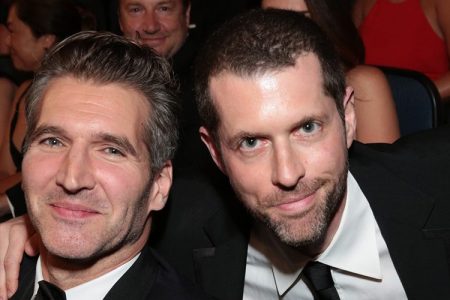 David Benioff, left, and D.B. Weiss attend the 67th Primetime Emmy Awards on Sunday, Sept. 20, 2015, at the Microsoft Theater in Los Angeles. In response to their new show, Confederate, activists took to Twitter with the hashtag, #NoConderate, to protest.