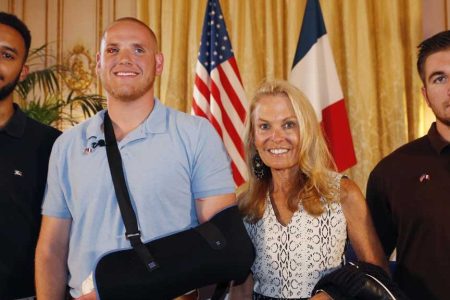 Off-duty US servicemen Anthony Sadler (L), Spencer Stone (2nd L), Alek Skarlatos (R) and US ambassador to France Jane Hartley (2nd R) pose after a press conference at the US embassy in Paris on August 23, 2015, two days after 25-year-old Moroccan Ayoub El-Khazzani opened fire on a Thalys train traveling from Amsterdam to Paris, injuring two people before being tackled by several passengers including off-duty American servicemen. (Thomas Samson/AFP/Getty Images)