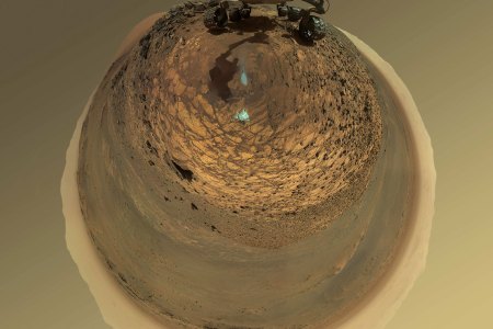 This version of a self-portrait of NASA's Curiosity Mars rover at a drilling site called "Buckskin" on lower Mount Sharp is presented as a stereographic projection, which shows the horizon as a circle. (NASA)