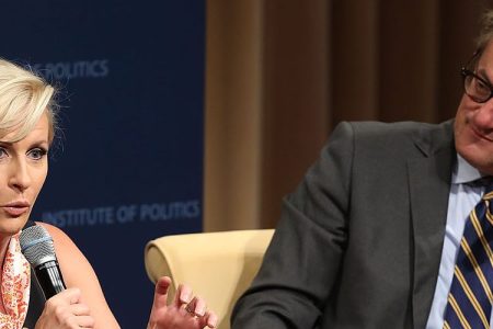 MSNBC 'Morning Joe' hosts Joe Scarborough (R) and Mika Brzezinski are interviewed by philanthropist and financier David Rubenstein during a Harvard Kennedy School Institute of Politics event in the McGowan Theater at the National Archives July 12, 2017 in Washington, DC. Scarborough and Brzezinski, who are engaged to be married, were recently attacked by President Donald Trump on Twitter, where he called the hosts 'Psycho Joe' and 'low I.Q. Crazy Mika,' among other personal insults.