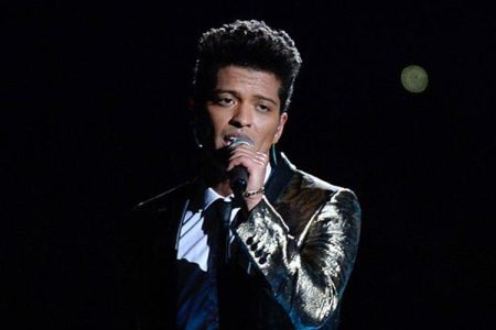 Bruno Mars performing during the Pepsi Super Bowl XLVIII Halftime Show at MetLife Stadium on February 2, 2014.