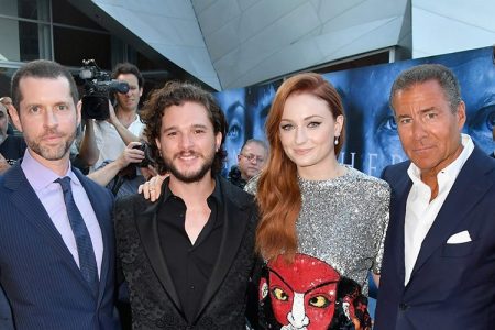 LOS ANGELES, CA - JULY 12: (L-R) President of HBO Programming Casey Bloys, executive producer D. B. Weiss, actors Kit Harrington, Sophie Turner, Chairman and Chief Executive Officer of HBO Richard Plepler and executive producer David Benioff at the Los Angeles Premiere for the seventh season of HBO's "Game Of Thrones" at Walt Disney Concert Hall on July 12, 2017 in Los Angeles, California.