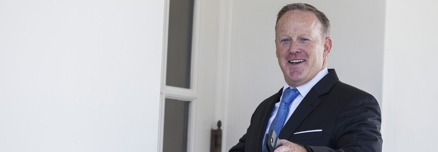 Sean Spicer, outgoing White House press secretary, gestures while entering the West Wing of the White House in Washington, D.C., U.S., on Tuesday, July 25, 2017.