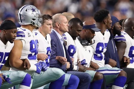 Dallas Cowboys Jerry Jones owner says player who kneel during anthem won't play.