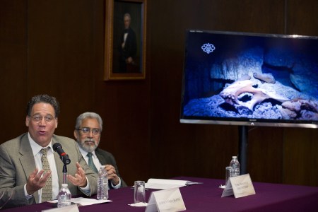 Scientific diver Alberto Nava Blank (L) and Pedro Francisco Sanchez (R) of the Tulum Speleological Project, offer a press conference at the Anthropology National Museum in Mexico City, on May 15, 2014. A teenage girl who fell into a hole more than 12,000 years ago in Mexico's Yucatan Peninsula is offering new clues about the origins of the first Native Americans, researchers said Thursday. Named "Naia" by scientists, her skeleton is among the oldest known and best preserved in the Americas. New bones discovered in a different cave nearby also date back to 13,000 years ago. (ALFREDO ESTRELLA/AFP/Getty Images)