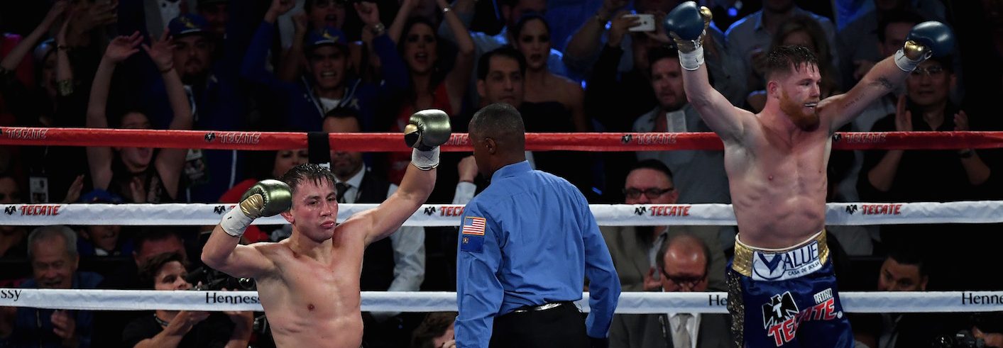 (L-R) "GGG" Gennady Golovkin and "Canelo" Alvarez both celebrate after the final round in their middleweight championship bout on September 16, 2017 in Las Vegas, Nevada.  (Ethan Miller/Getty Images)