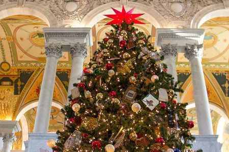 2012 Christmas Tree at the Library of Congress Thomas Jefferson Building Great Hall. (Wikipedia)