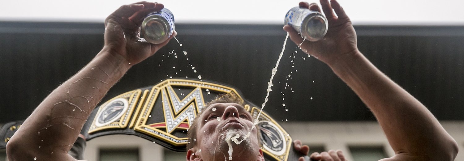 Rob Gronkowski ("Gronk") of the New England Patriots celebrates at the Super Bowl victory parade on February 7, 2017 in Boston, Massachusetts. (Billie Weiss/Getty Images)