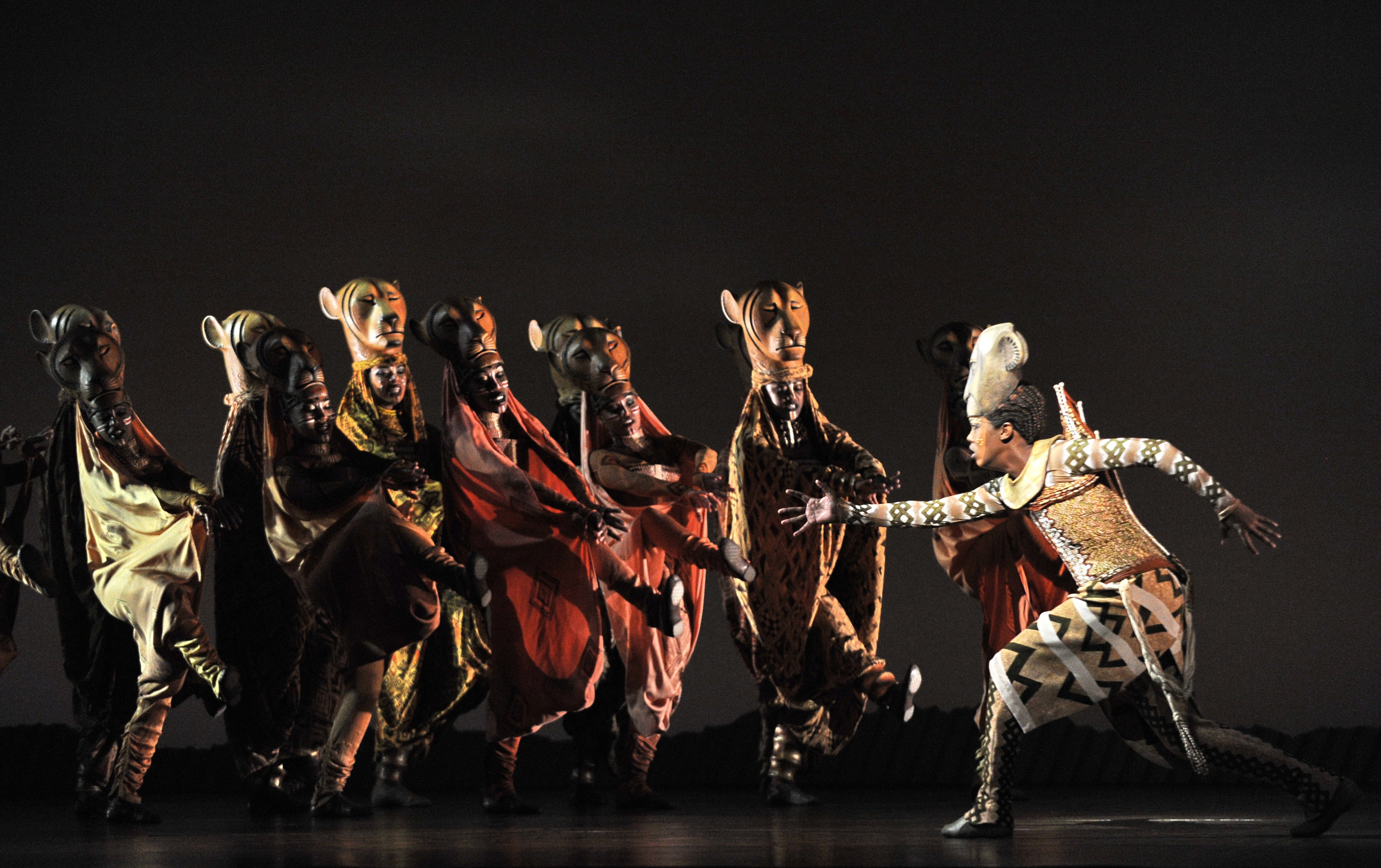 Nyala (R) played by Puleng March of South Africa, performs during a media preview of the Lion King musical performance in Singapore on March 9, 2011. The award-winning broadway musical event, the Lion King celebrates its debut in Southeast Asia at the Marina Bay Sands theatre on March 10.  (Roslan Roman/AFP/Getty Images)