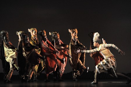 Nyala (R) played by Puleng March of South Africa, performs during a media preview of the Lion King musical performance in Singapore on March 9, 2011. The award-winning broadway musical event, the Lion King celebrates its debut in Southeast Asia at the Marina Bay Sands theatre on March 10.  (Roslan Roman/AFP/Getty Images)