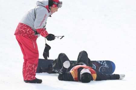 Sweden's Mans Hedberg lies injured after a heavy fall in run 2 of qualification for Men's Snowboard Slopestyle the PyeongChang 2018 Winter Olympic Games in South Korea. (Photo by Mike Egerton/PA Images via Getty Images)