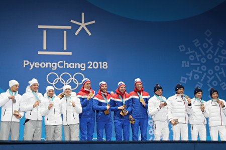 PYEONGCHANG-GUN, SOUTH KOREA - FEBRUARY 18:  Olympic Athlete from Russia wins the silver medal, team Norway wins the gold medal, team France wins the bronze medal of the cross country Men's Relay 4x10km during the Medal Ceremony at Medal Plaza on February 18, 2018 in Pyeongchang-gun, South Korea. (Photo by Laurent Salino/Agence Zoom/Getty Images)