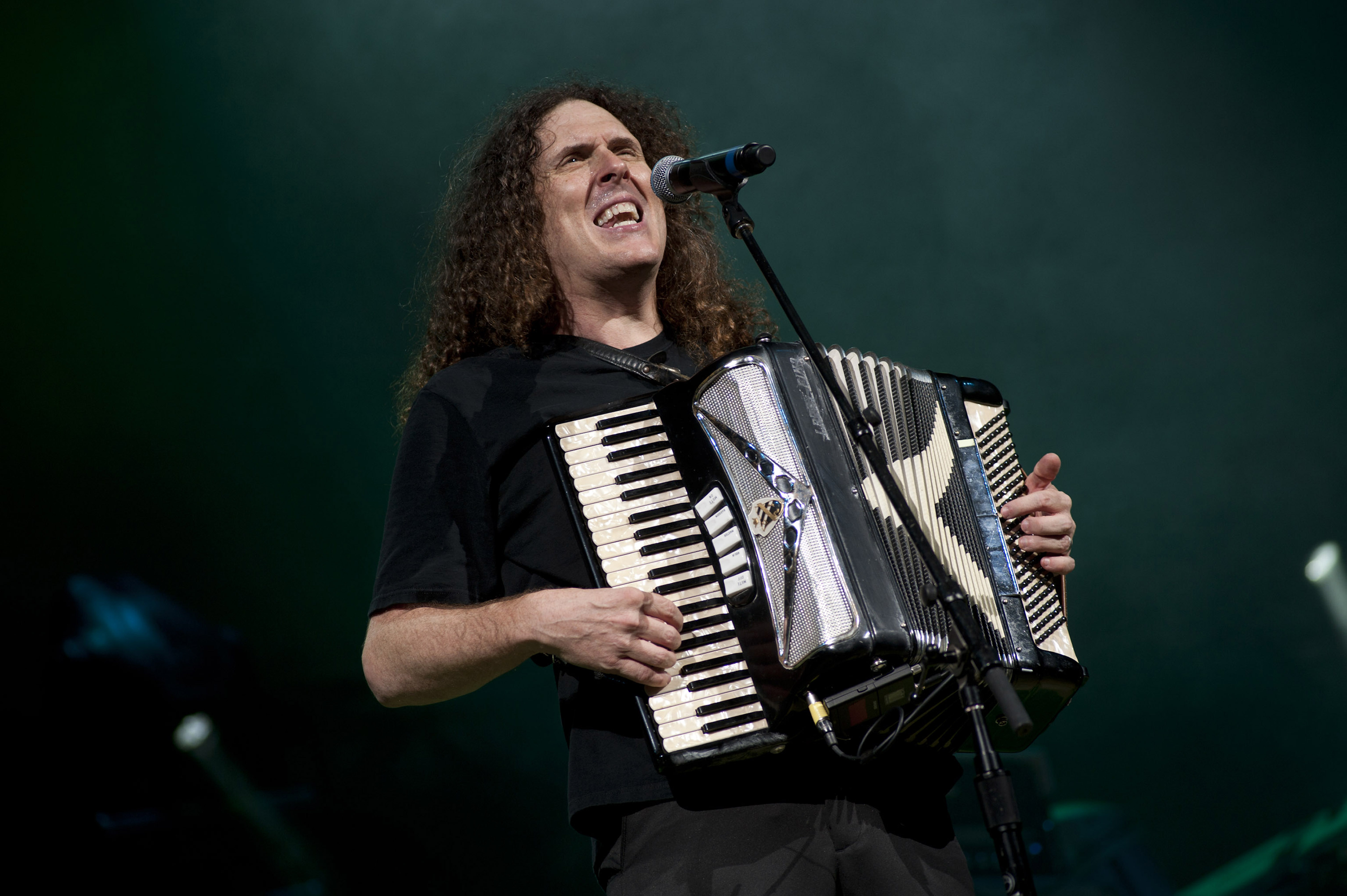 American musician and comedian Weird Al Yankovic plays an accordion as he performs onstage at the Star Plaza Theater, Merrillville, Indiana, July 9, 2010. (Paul Natkin/Getty Images)