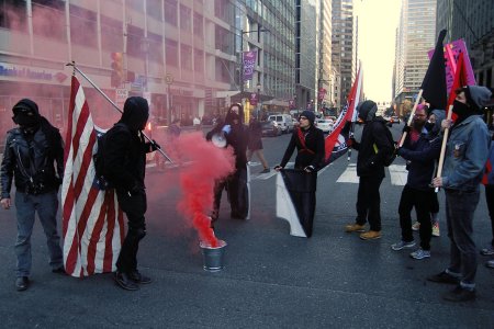 An Anti-Fascist group known as Philly Rebellion marked the arrest of more than 200 protesers one year ago at the Trump inauguration. (Photo by Cory Clark/NurPhoto via Getty Images.)