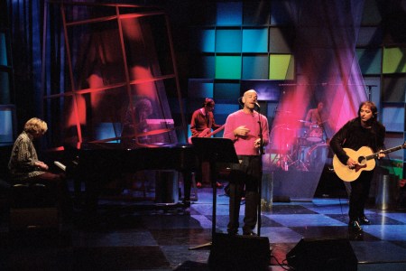 THE TONIGHT SHOW WITH JAY LENO -- Episode 1507 -- Pictured: Musical guest R.E.M. on December 10, 1998  (Photo by Margaret Norton/NBC/NBCU Photo Bank via Getty Images)