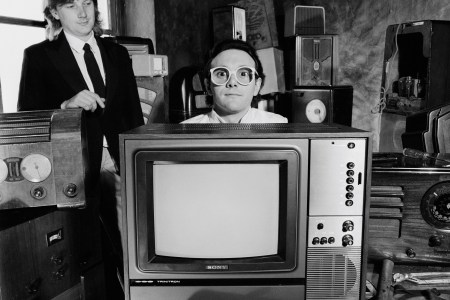 Geoff Downes (left) and Trevor Horn (right) from the group Buggles pose together with various radios and a television in London in June 1979. (Fin Costello/Redferns)