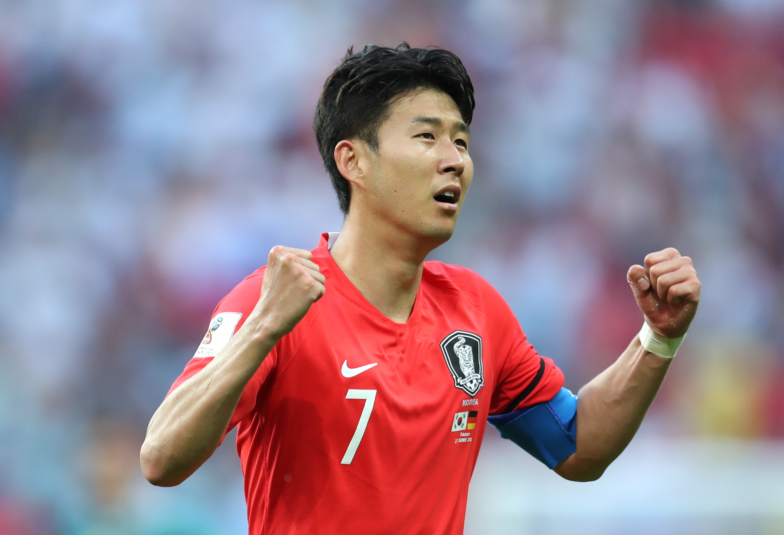 Son Heung-min of Korea Republic celebrates following the 2018 FIFA World Cup Russia group F match between Korea Republic and Germany at Kazan Arena on June 27, 2018 in Kazan, Russia.  (Catherine Ivill/Getty Images)