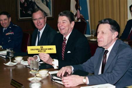 President Ronald Reagan showing support for the Strategic Defense Initiative, nicknamed Star Wars. The bumper sticker reads SDI could ruin a nuclear bomb's whole day. (Getty)