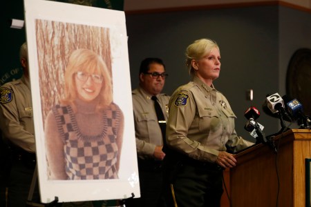 Santa Clara County Sheriff Laurie Smith speaks to the media about the 1974 killing of Arlis Perry, photograph at left, at the Sheriff's office in San Jose, Calif., on Thursday, June 28, 2018.