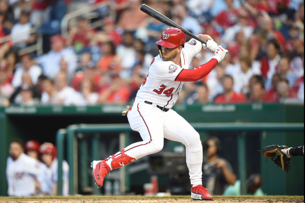 Bryce Harper #34 of the Washington Nationals prepares for a pitch during a baseball game against the Miami Marlins at Nationals Park on July 5, 2018 in Washington, DC.  The Nationals won 14-12.  (Photo by Mitchell Layton/Getty Images)