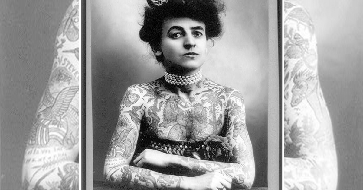 Mrs. M. Stevens Wagner, half length portrait, facing slightly right, arms and chest covered with tattoos (Library of Congress)