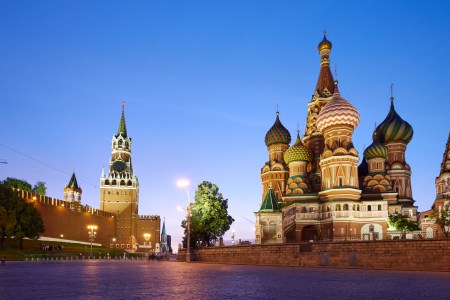 The buildings located on the Red Square: Kremlin wall (at left) and Saint Basil's Cathedral (at right), Moscow, Russia. UNESCO World Heritage Site