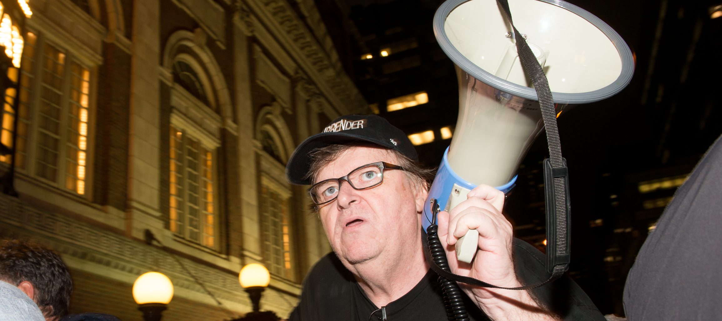 Michael Moore leads his Broadway audience to Trump Tower to protest President Donald Trump on August 15, 2017 in New York City.  (Photo by Noam Galai/Getty Images for for DKC/O&M)