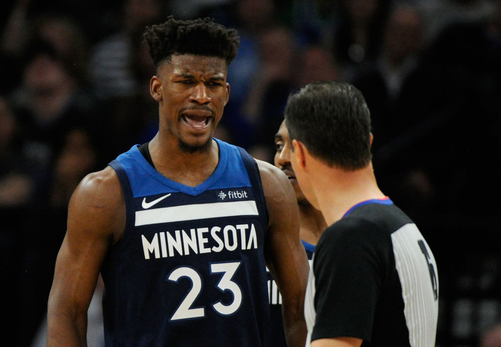 MINNEAPOLIS, MN - APRIL 23: Jimmy Butler #23 of the Minnesota Timberwolves reacts to being called for a foul against the Houston Rockets during the third quarter in Game Four of Round One of the 2018 NBA Playoffs on April 23, 2018 at the Target Center in Minneapolis, Minnesota. (Photo by Hannah Foslien/Getty Images)