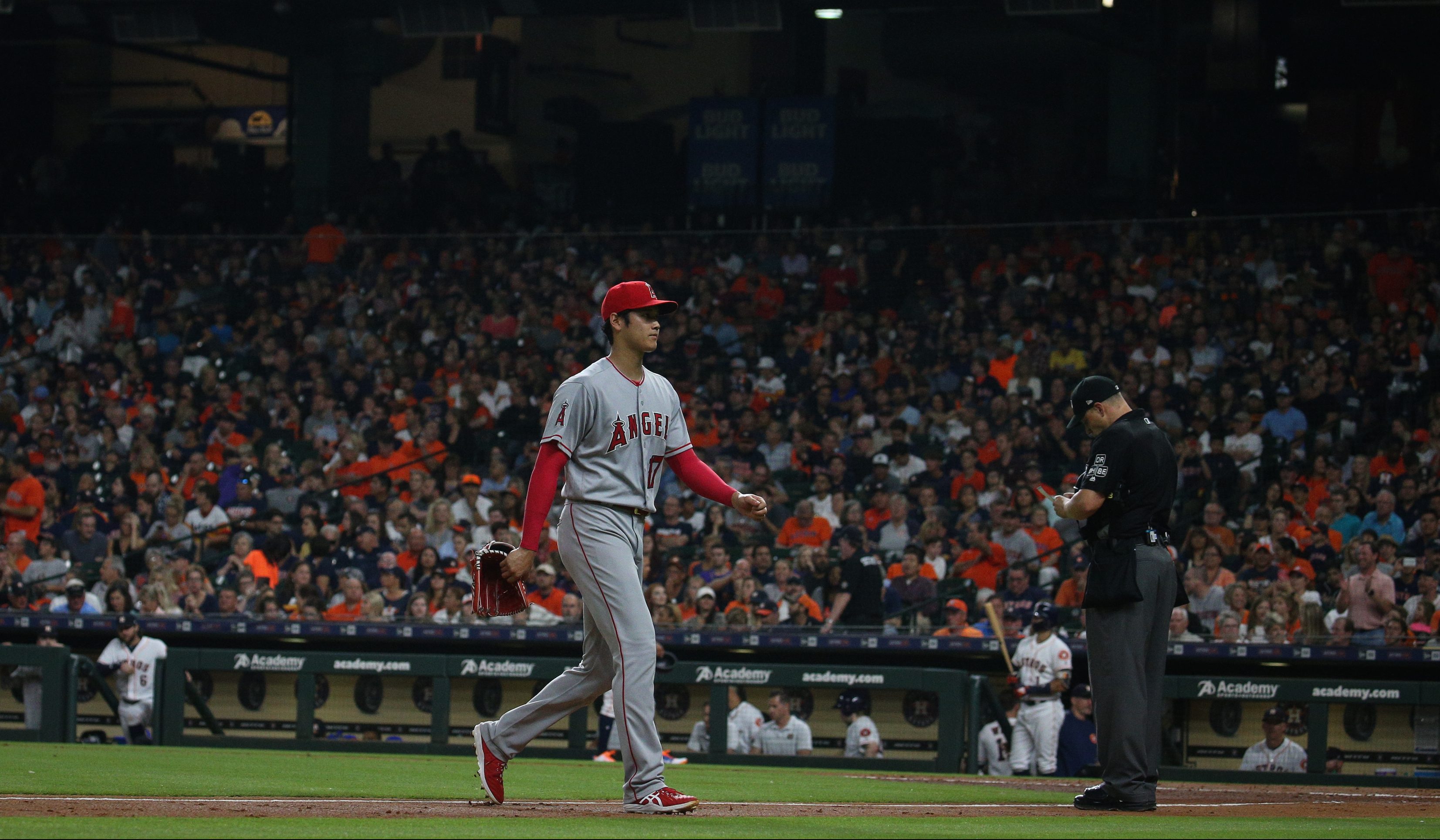 Shohei Ohtani of the Los Angeles Angels leaves the game against the Houston Astros at Minute Maid Park on Sunday, September 2, 2018 in Houston, Texas.  (Loren Elliott/MLB Photos via Getty Images)