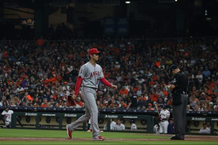 Shohei Ohtani of the Los Angeles Angels leaves the game against the Houston Astros at Minute Maid Park on Sunday, September 2, 2018 in Houston, Texas.  (Loren Elliott/MLB Photos via Getty Images)