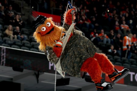 PHILADELPHIA, PENNSYLVANIA - NOVEMBER 10:   The Philadelphia Flyers mascot Gritty makes an entrance before the game between the Philadelphia Flyers and the Chicago Blackhawks at Wells Fargo Center on November 10, 2018 in Philadelphia, Pennsylvania. (Photo by Elsa/Getty Images)