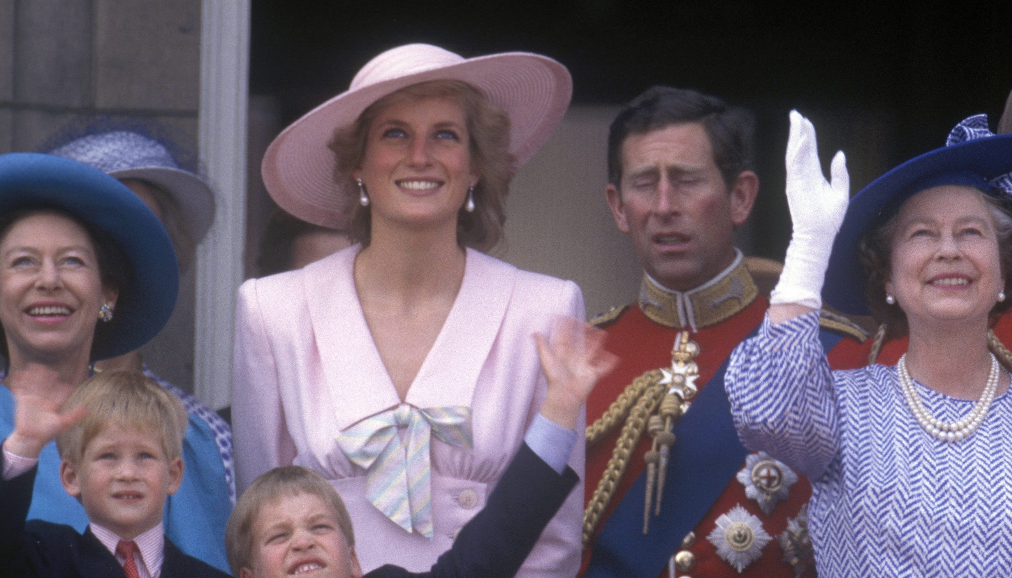 [Original caption] Diana, Princess of Wales, Prince William, Prince Harry, Queen Elizabeth II, Princess Margaret, Prince Charles, Prince of Wales, Trooping the Colour, 17th June 1989. (John Shelley Collection/Avalon/Getty Images)