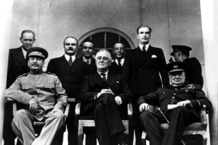 [Original caption] Teheran conference. From the l. to the r.: Joseph Stalin, Franklin D. Roosevelt and Winston Churchill, 1943, Iran - World War II. (Photo by: Photo12/UIG via Getty Images)