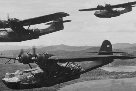 Consolidated PBT Catalina amphibious aircraft, of the Black Cat Squadron, patrolling the coasts during the Pacific Campaign of World War Two, circa 1941-1944. (Photo by US Navy/Getty Images)