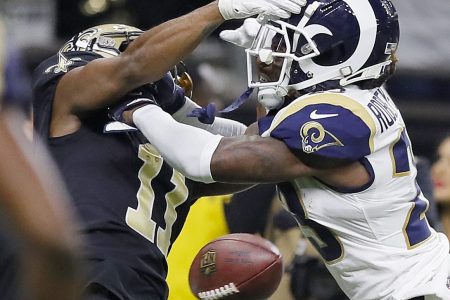 Tommylee Lewis #11 of the New Orleans Saints drops a pass broken up by Nickell Robey-Coleman #23 of the Los Angeles Rams during the fourth quarter in the NFC Championship game at the Mercedes-Benz Superdome on January 20, 2019 in New Orleans, Louisiana. (Photo by Kevin C.  Cox/Getty Images)