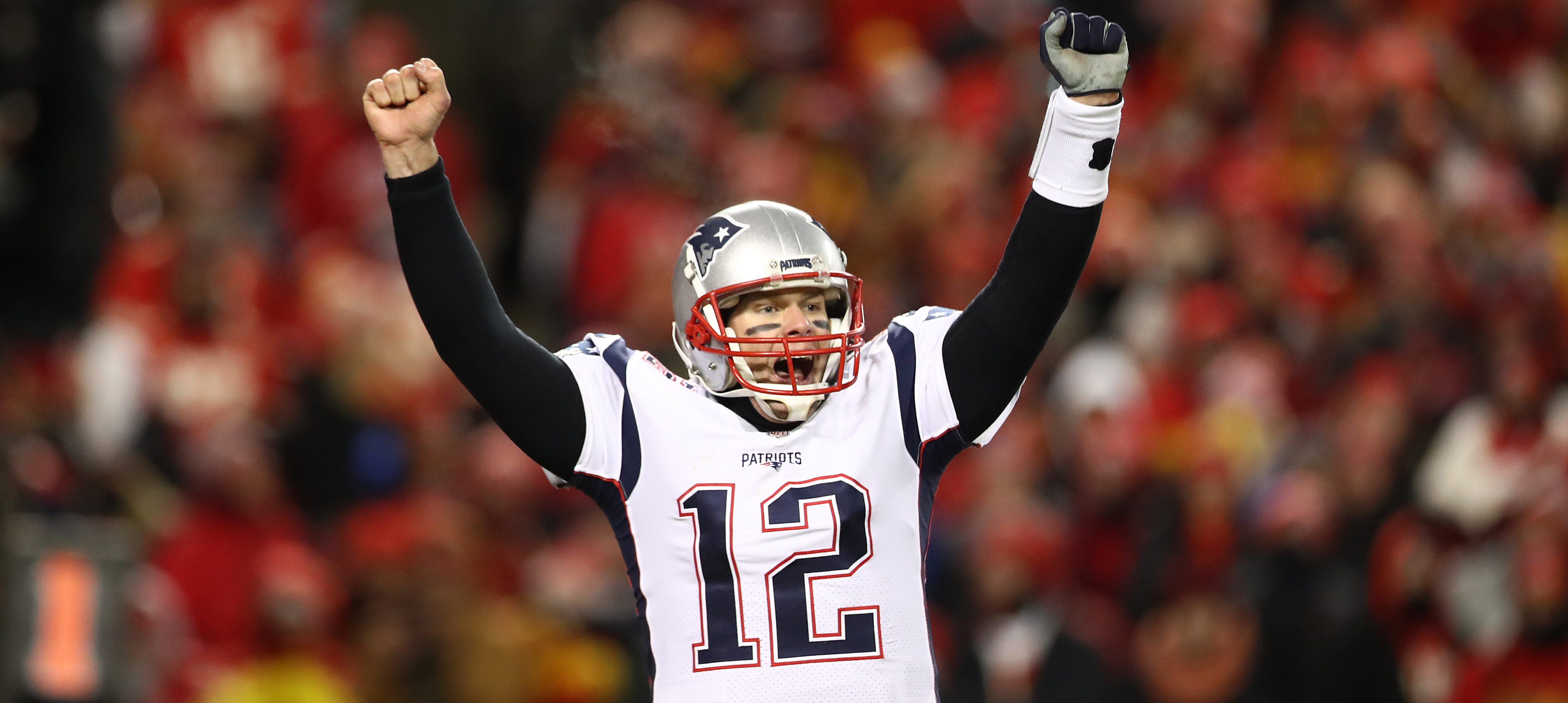 Tom Brady #12 of the New England Patriots celebrates after defeating the Kansas City Chiefs in overtime during the AFC Championship Game at Arrowhead Stadium on January 20, 2019 in Kansas City, Missouri. The Patriots defeated the Chiefs 37-31. (Photo by Ronald Martinez/Getty Images)