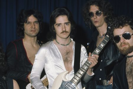 Blue Oyster Cult pose for a group shot, (L-R) Albert Bouchard, Joe Bouchard, Buck Dharma, Allen Lanier, and Eric Bloom on October 27th 1975 in Copenhagen, Denmark. (Photo by Jorgen Angel/Redferns)