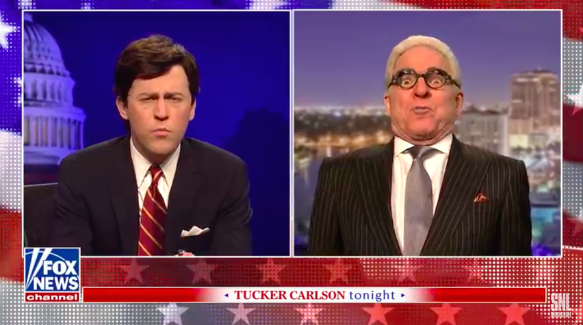 Comedian Steve Martin (right) makes a cameo appearance as indicted Trump friend Roger Stone, on NBC's 'Saturday Night Live,' January 26, 2019. (Photo screenshot: NBC)