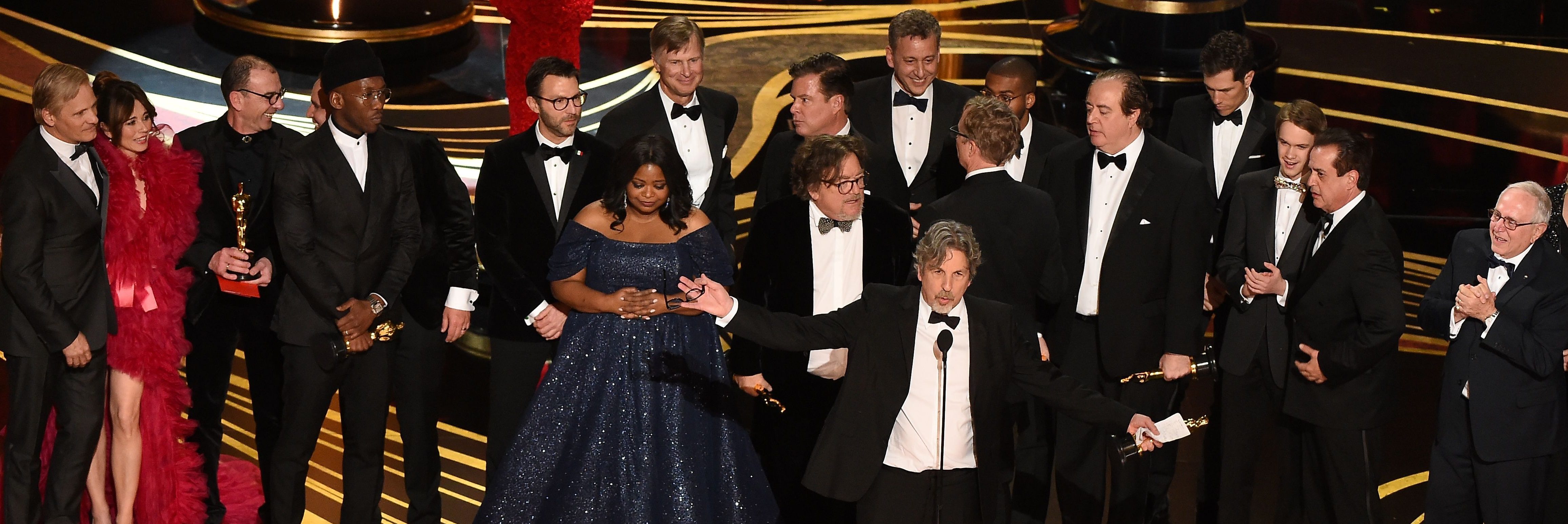 Producers of Best Picture nominee "Green Book" Peter Farrelly and Nick Vallelonga accepts the award for Best Picture with the whole crew on stage during the 91st Annual Academy Awards at the Dolby Theatre in Hollywood, California on February 24, 2019. (VALERIE MACON/AFP/Getty Images)