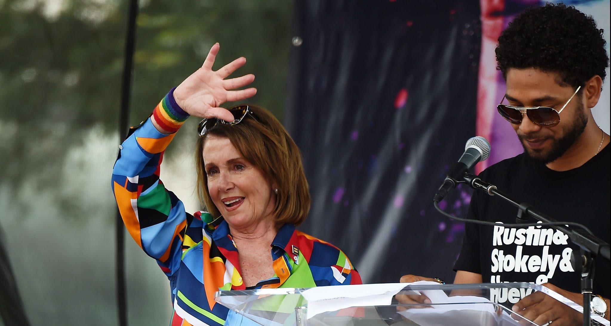 Congresswoman Nancy Pelosi (L) and actor Jussie Smollett attend the LA Pride ResistMarch on June 11, 2017 in West Hollywood, California.  (Photo by Amanda Edwards/WireImage)