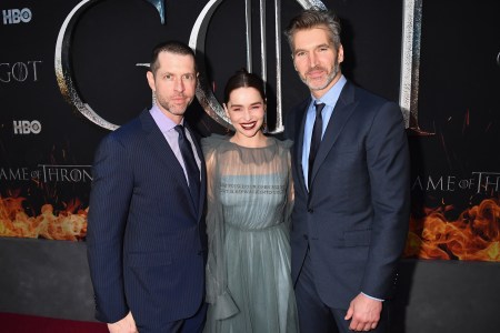 Producers D.B Weiss (l) and David Benioff (r) and Emilia Clarke attend the "Game Of Thrones" Season 8 NY Premiere.